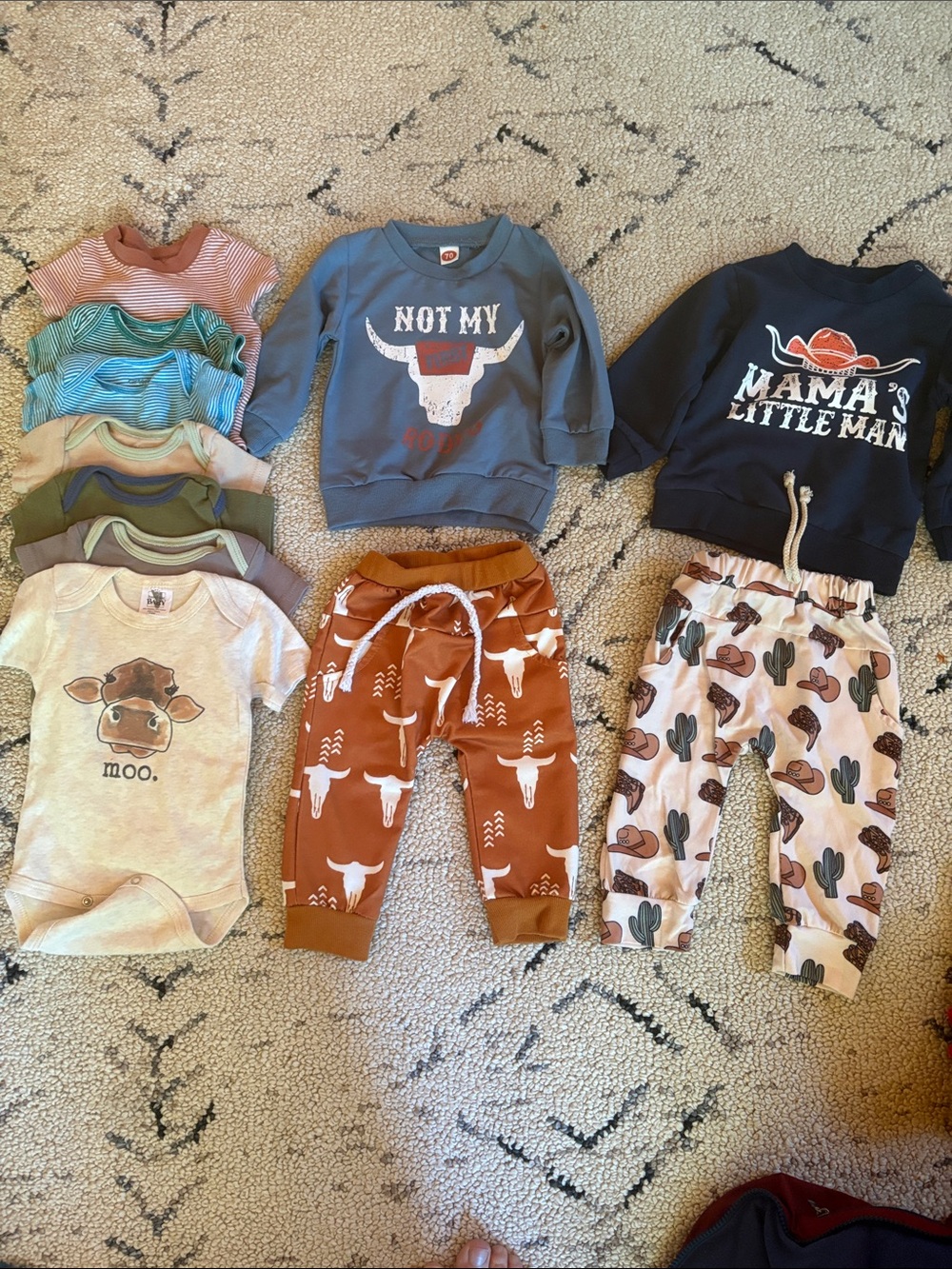 Baby Western Outfit Set - Rust Bull Pants, Navy & Blue Tops